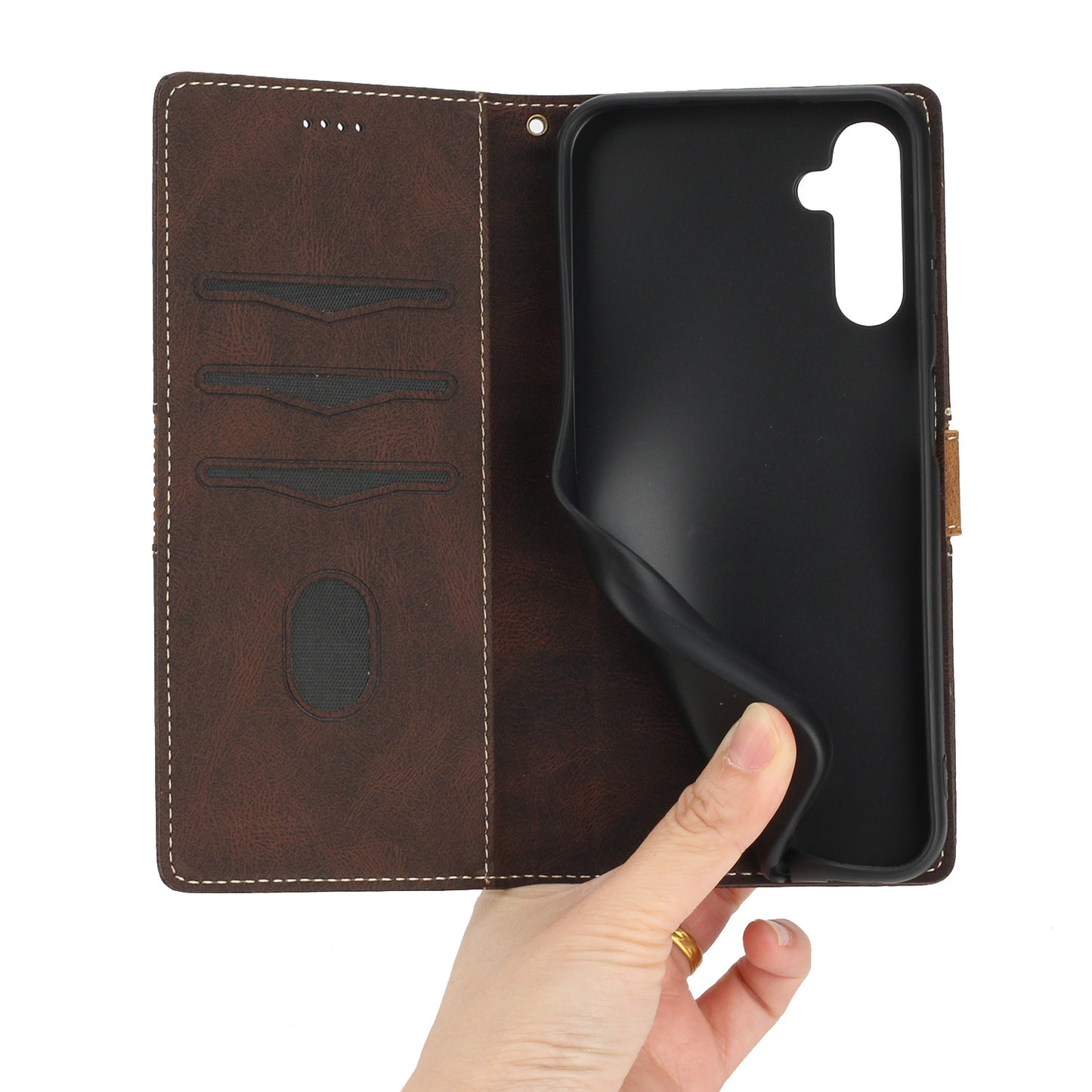 PU Leather Phone Shell for Samsung Galaxy S24+ Case Stand Grid Splicing Phone Cover with Strap - Brown