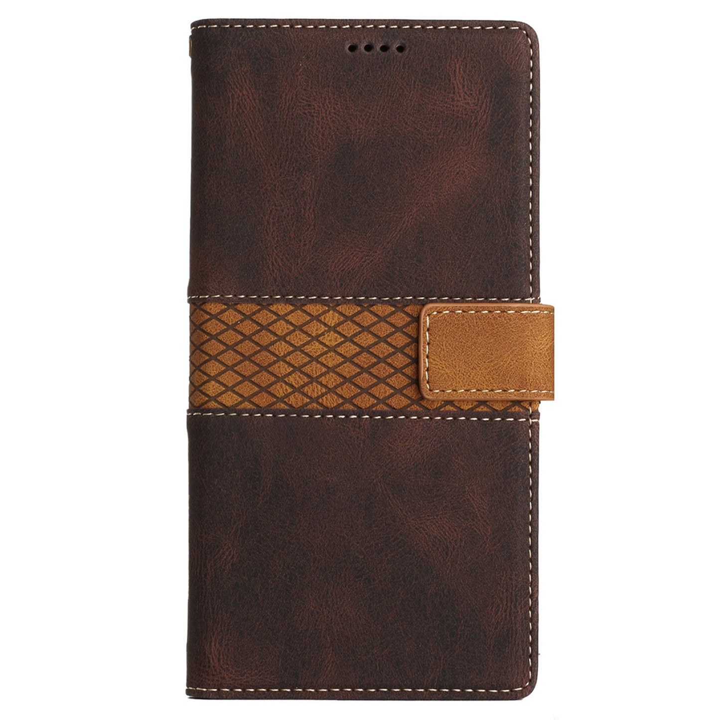 PU Leather Phone Shell for Samsung Galaxy S24+ Case Stand Grid Splicing Phone Cover with Strap - Brown