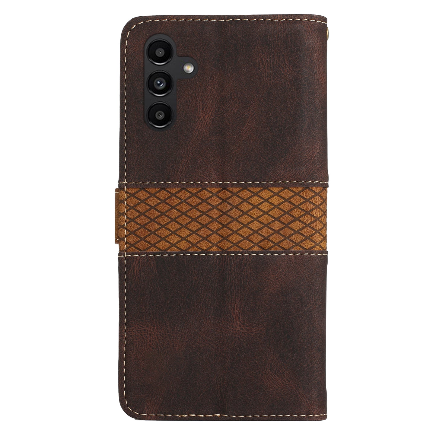 PU Leather Phone Shell for Samsung Galaxy S24+ Case Stand Grid Splicing Phone Cover with Strap - Brown