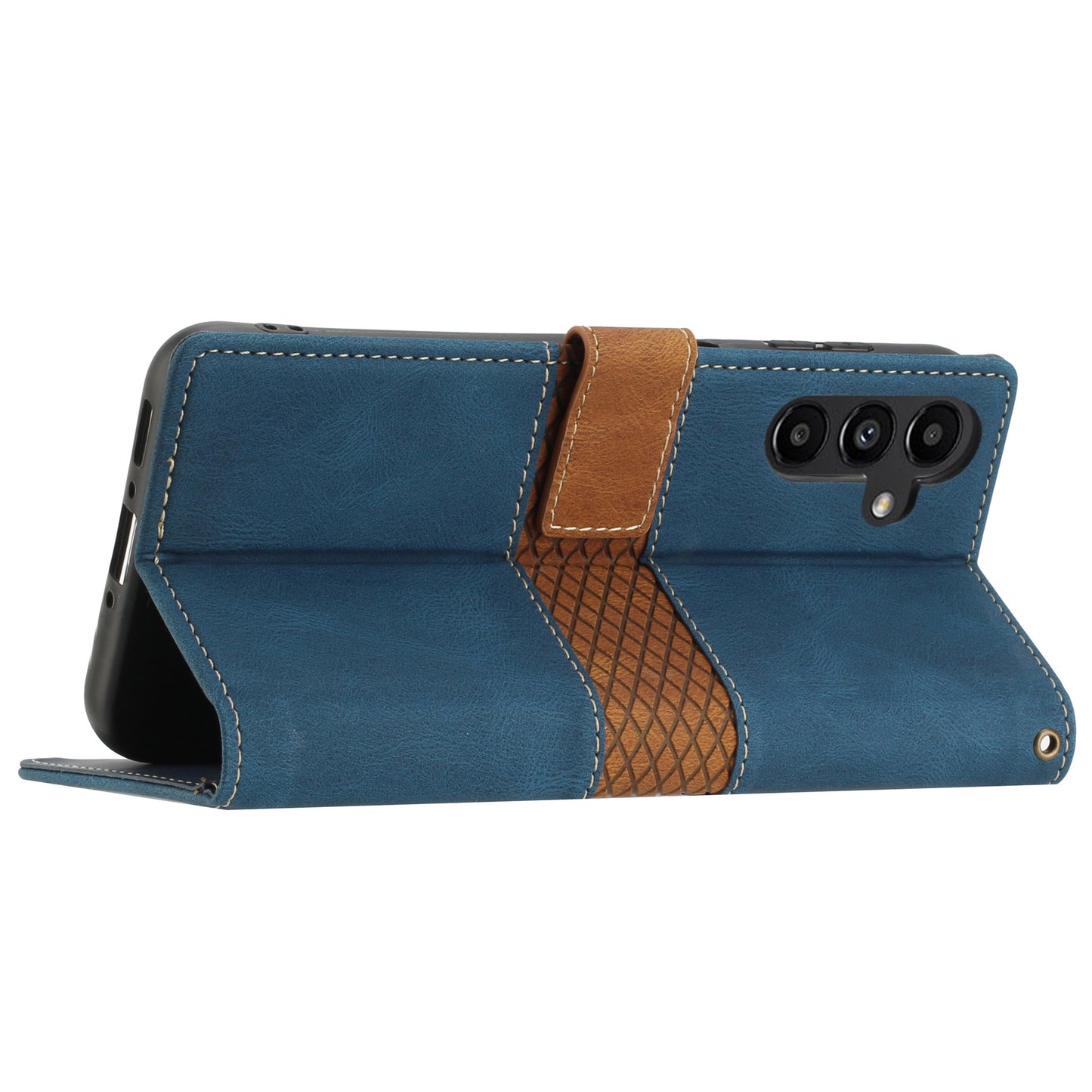 PU Leather Phone Shell for Samsung Galaxy S24+ Case Stand Grid Splicing Phone Cover with Strap - Blue