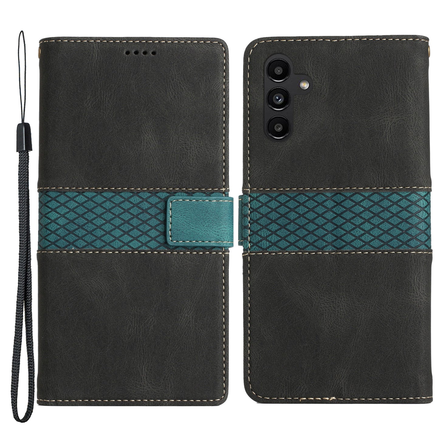 PU Leather Phone Shell for Samsung Galaxy S24+ Case Stand Grid Splicing Phone Cover with Strap - Black