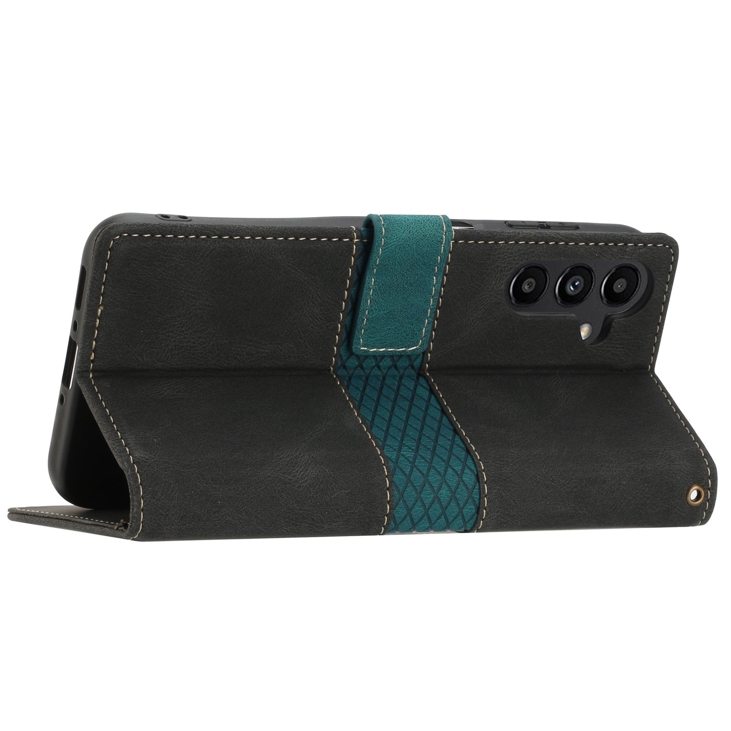 PU Leather Phone Shell for Samsung Galaxy S24+ Case Stand Grid Splicing Phone Cover with Strap - Black