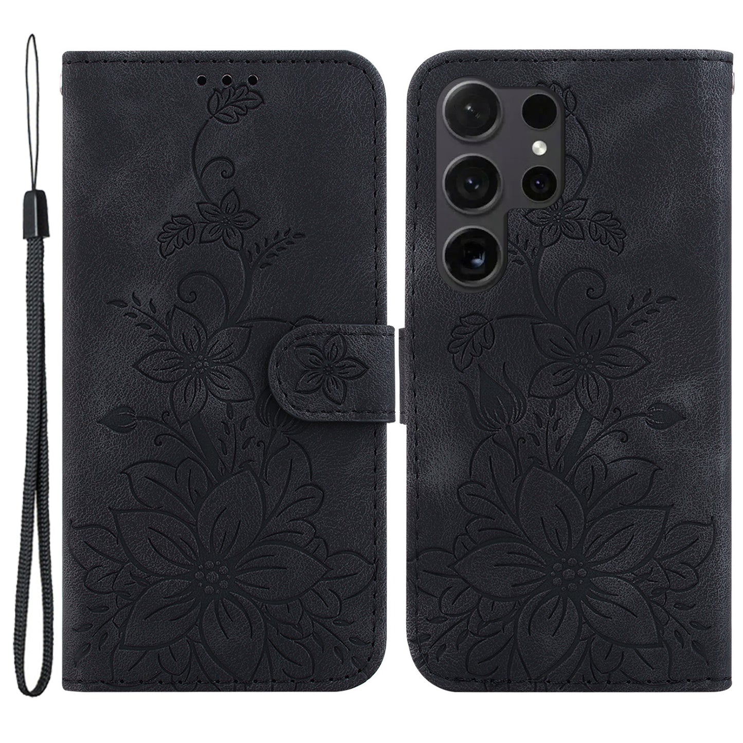 For Samsung Galaxy S24 Ultra Case Flower Imprint Leather Anti-drop Mobile Phone Cover - Black
