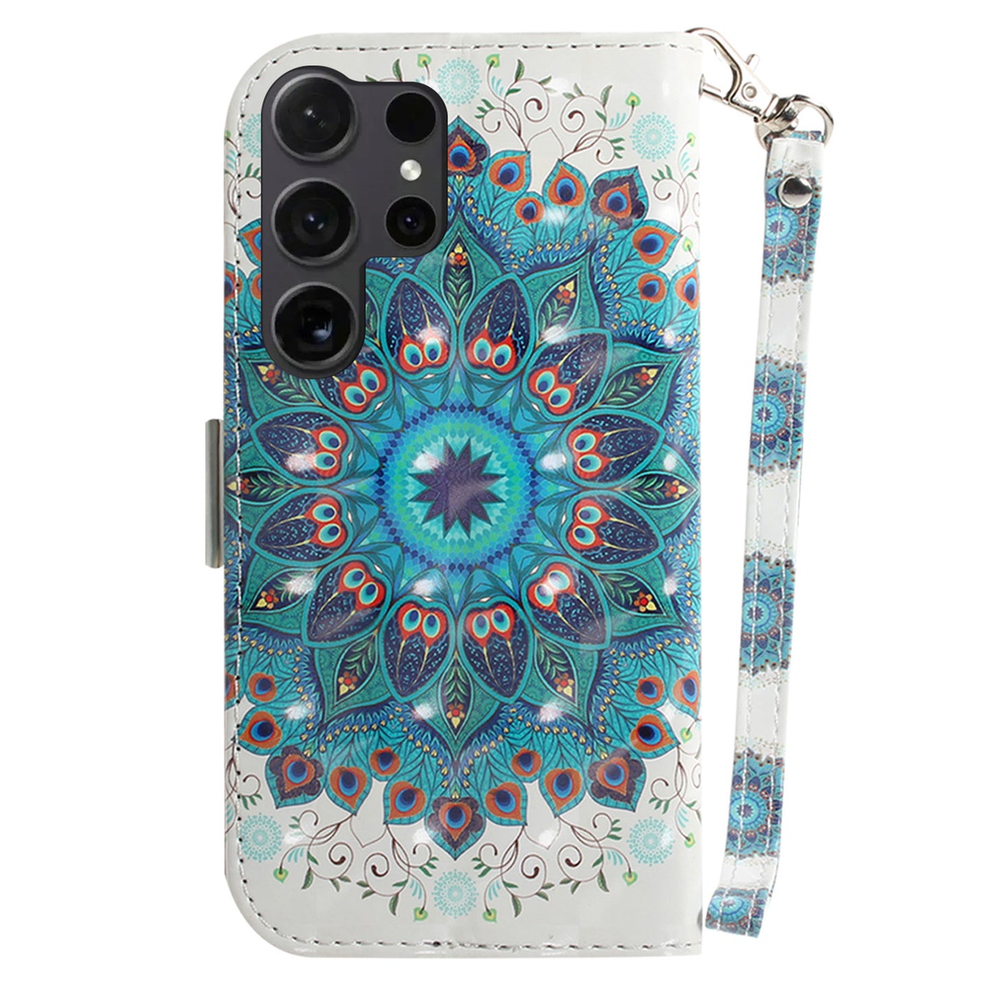 PU Leather Flip Cover for Samsung Galaxy S24 Ultra Case Pattern Printed Anti-Drop Wallet Phone Case with Strap - Peacock Wreath