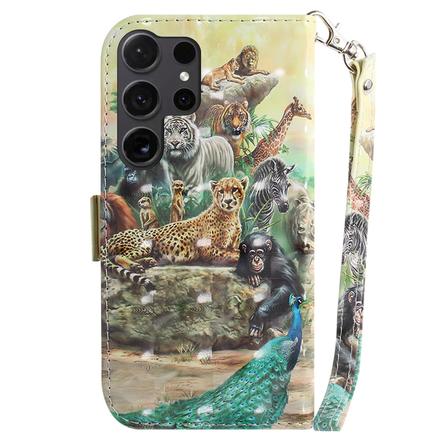 PU Leather Flip Cover for Samsung Galaxy S24 Ultra Case Pattern Printed Anti-Drop Wallet Phone Case with Strap - Animals