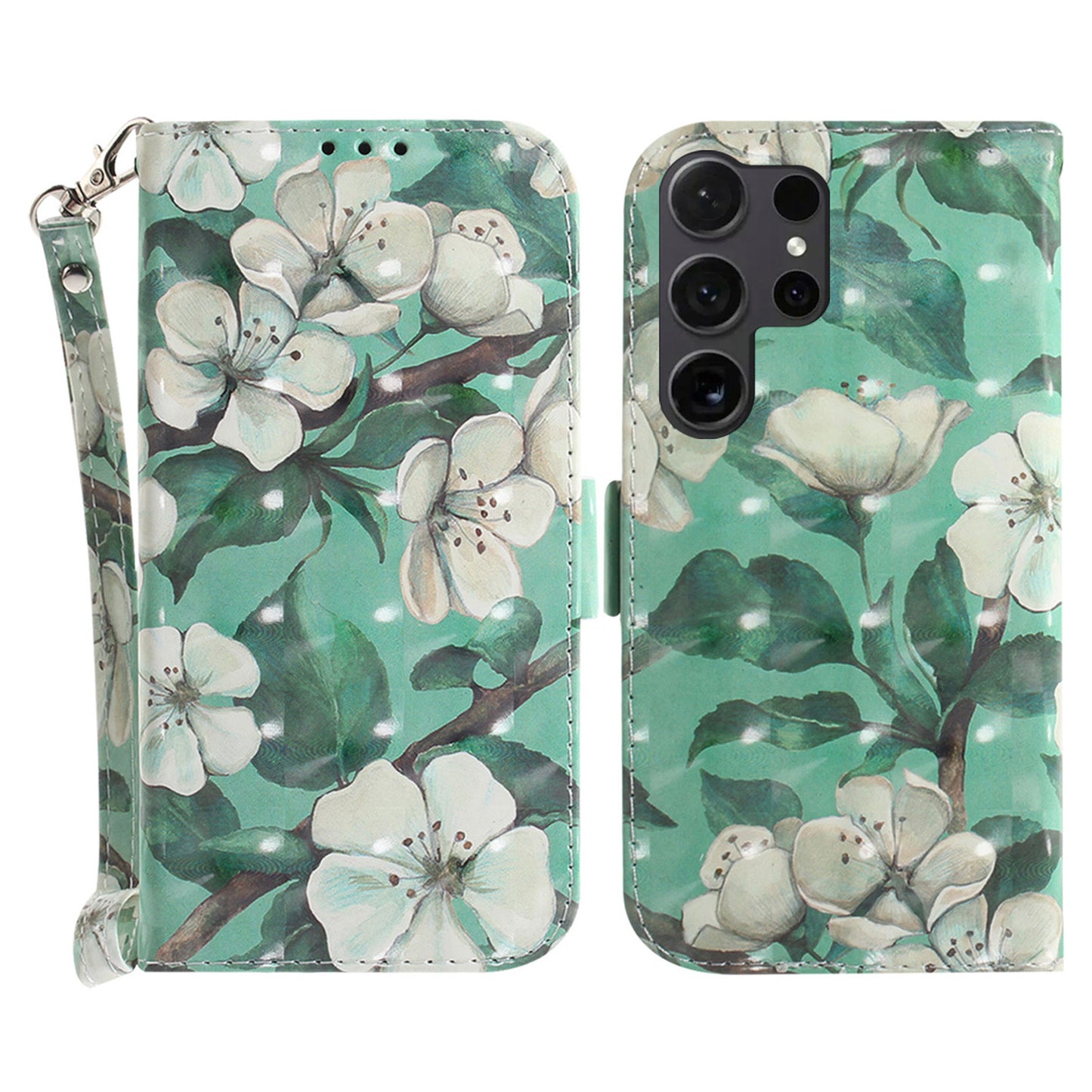 PU Leather Flip Cover for Samsung Galaxy S24 Ultra Case Pattern Printed Anti-Drop Wallet Phone Case with Strap - Watercolor Flowers