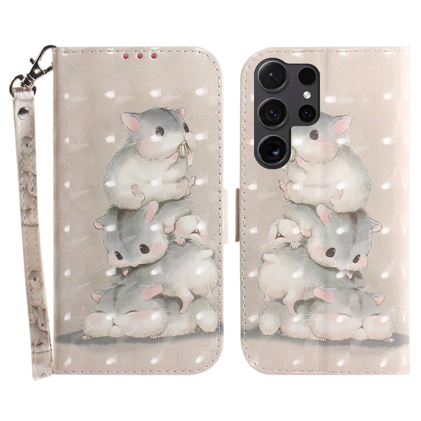 PU Leather Flip Cover for Samsung Galaxy S24 Ultra Case Pattern Printed Anti-Drop Wallet Phone Case with Strap - Stacking Squirrels