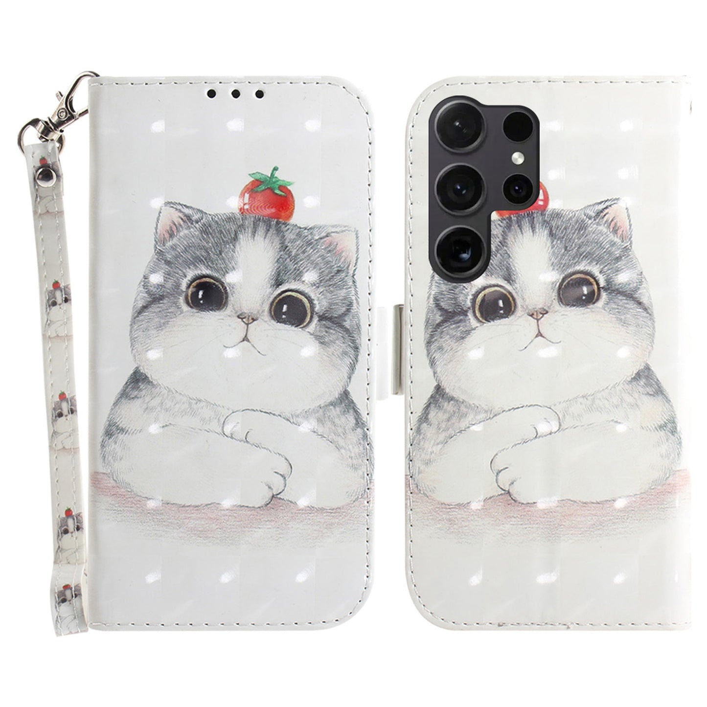 PU Leather Flip Cover for Samsung Galaxy S24 Ultra Case Pattern Printed Anti-Drop Wallet Phone Case with Strap - Cute Cat