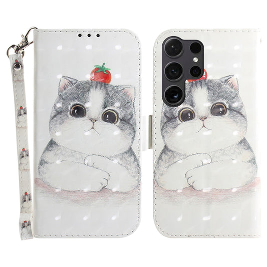 PU Leather Flip Cover for Samsung Galaxy S24 Ultra Case Pattern Printed Anti-Drop Wallet Phone Case with Strap - Cute Cat