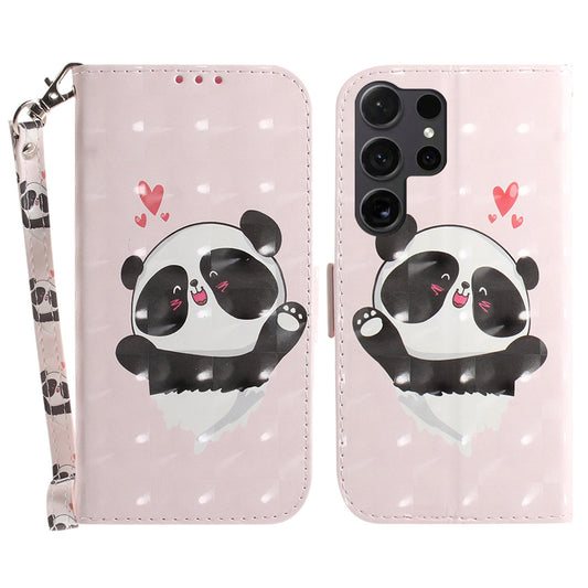 PU Leather Flip Cover for Samsung Galaxy S24 Ultra Case Pattern Printed Anti-Drop Wallet Phone Case with Strap - Love Heart Panda