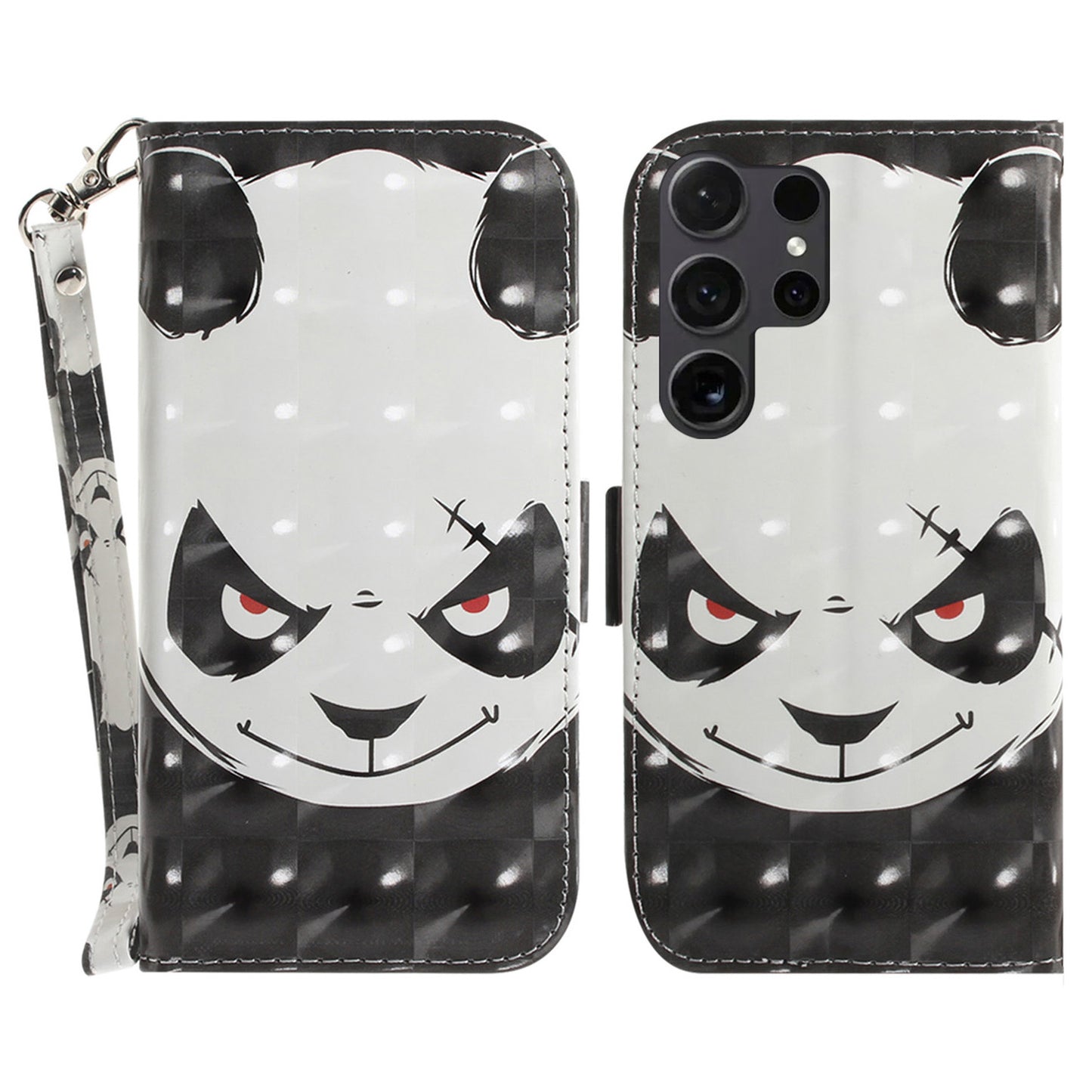PU Leather Flip Cover for Samsung Galaxy S24 Ultra Case Pattern Printed Anti-Drop Wallet Phone Case with Strap - Angry Panda