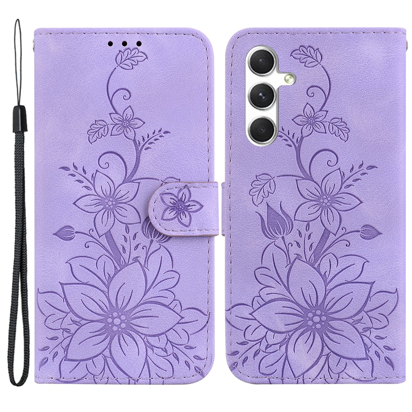 For Samsung Galaxy S24+ Case Wallet Leather Cover with Imprint Flower - Purple
