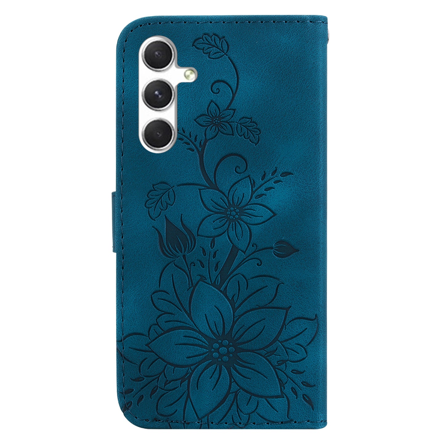 For Samsung Galaxy S24+ Case Wallet Leather Cover with Imprint Flower - Dark Blue