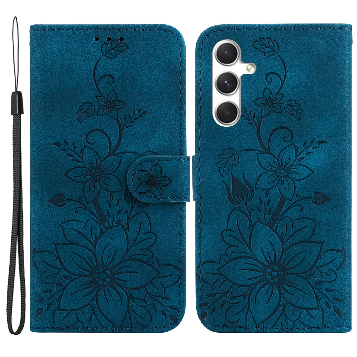 For Samsung Galaxy S24 Case Flower Imprint Wallet Phone Cover - Dark Blue