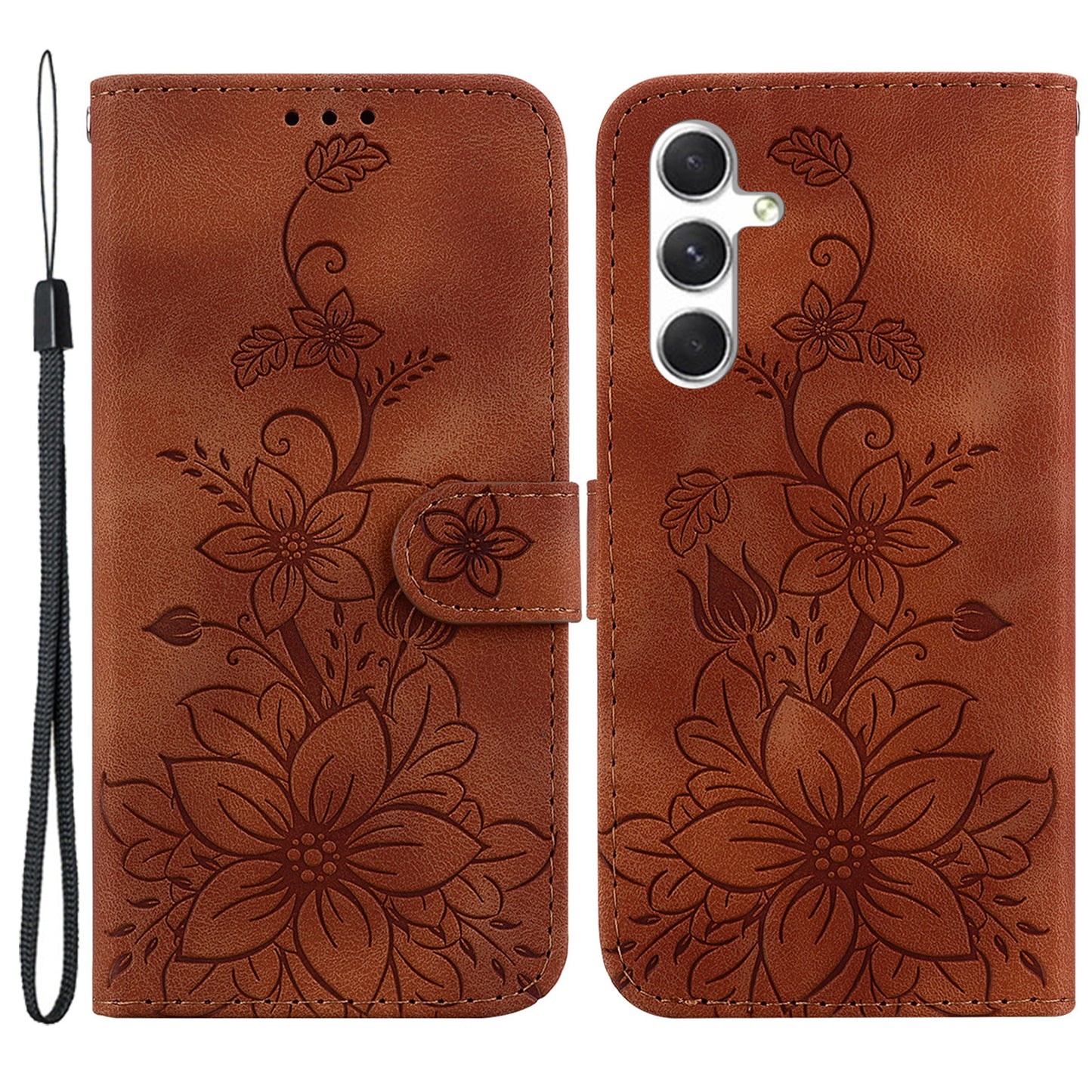 For Samsung Galaxy S24 Case Flower Imprint Wallet Phone Cover - Brown