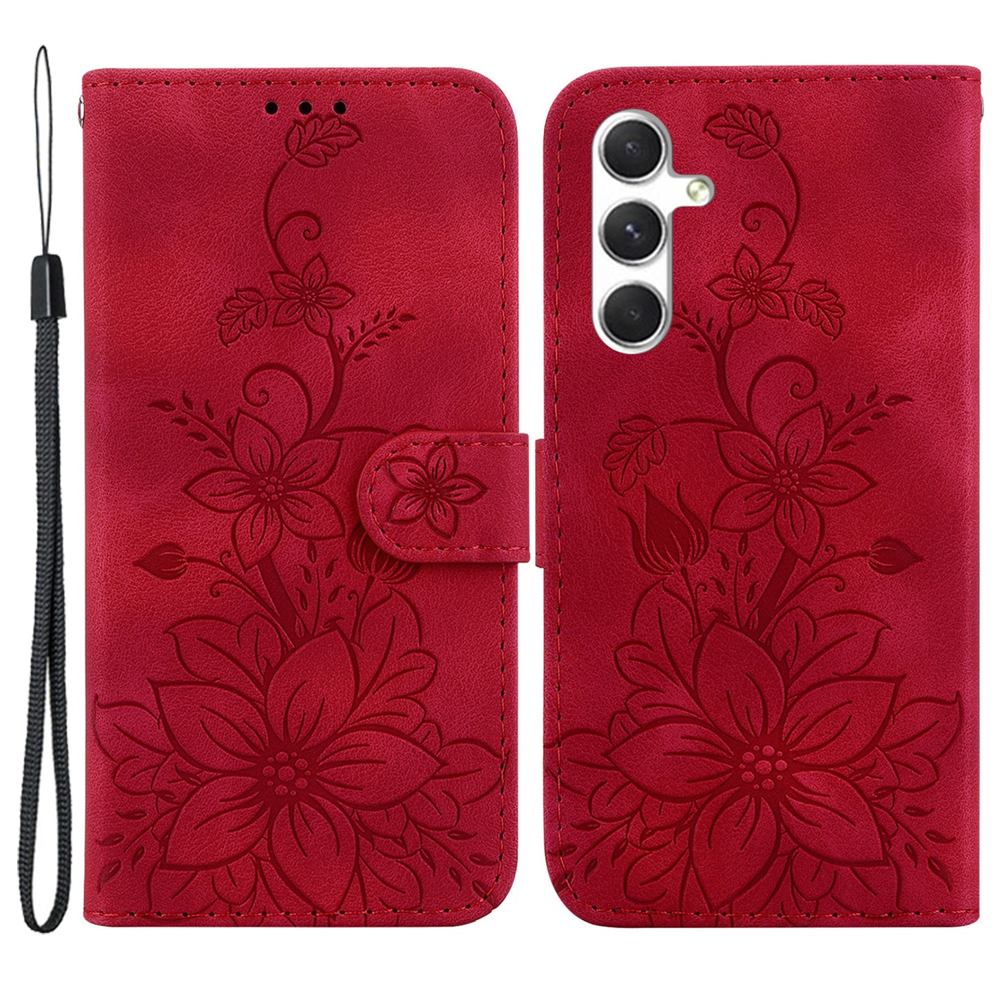 For Samsung Galaxy S24 Case Flower Imprint Wallet Phone Cover - Red