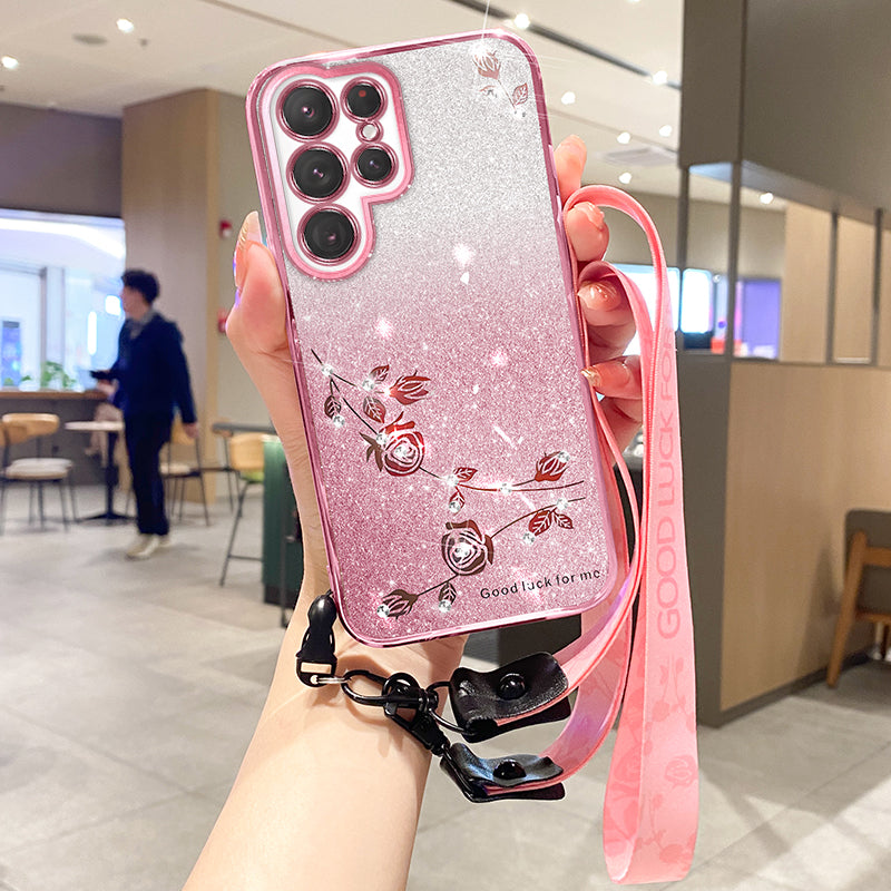 KADEM For Samsung Galaxy S24 Ultra Case Glitter Phone TPU Back Guard Cover with Strap - Rose Gold