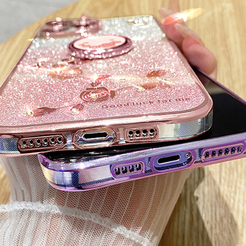 KADEM For Samsung Galaxy S24+ Cover Glitter Ring Kickstand TPU Anti-scratch Phone Shell - Rose Gold