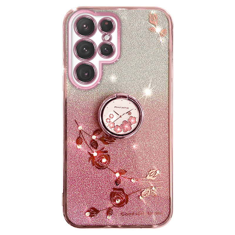 KADEM For Samsung Galaxy S24 Ultra Cover Soft TPU Phone Case with Ring Kickstand - Rose Gold