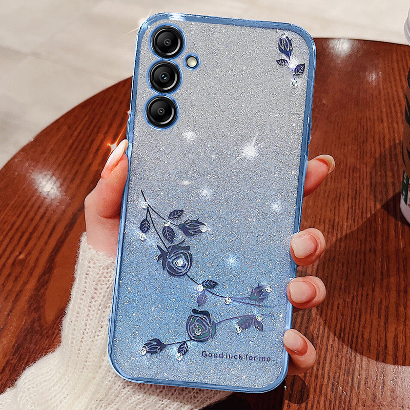 KADEM For Samsung Galaxy S24 Case Rhinestone Decor Flower Pattern TPU Phone Cover - Blue