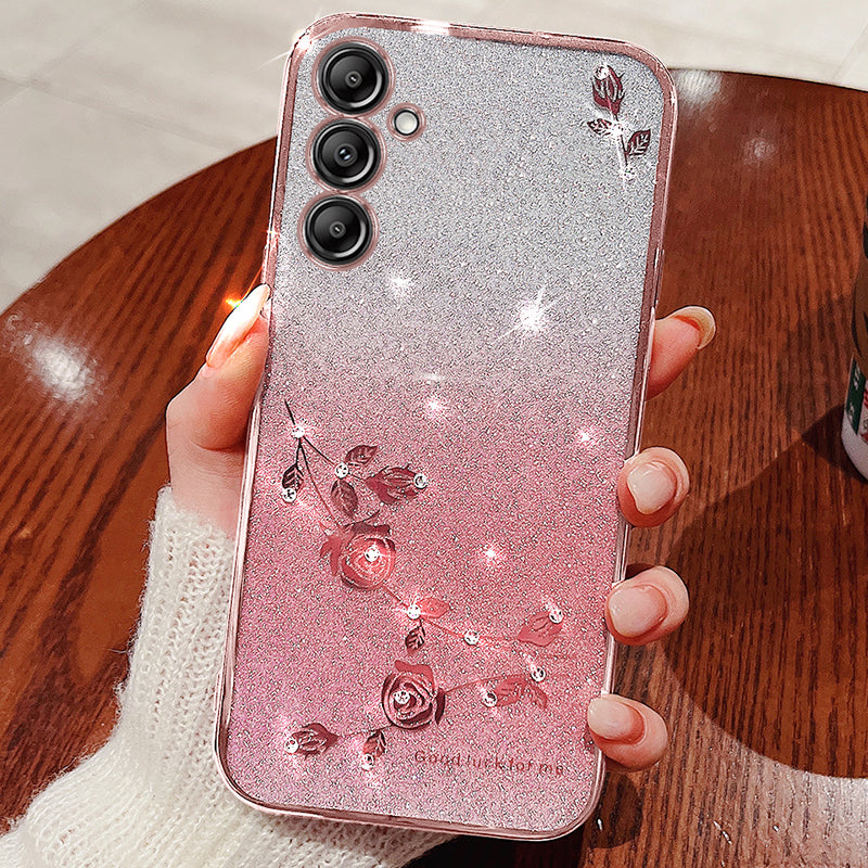 KADEM For Samsung Galaxy S24 Case Rhinestone Decor Flower Pattern TPU Phone Cover - Rose Gold