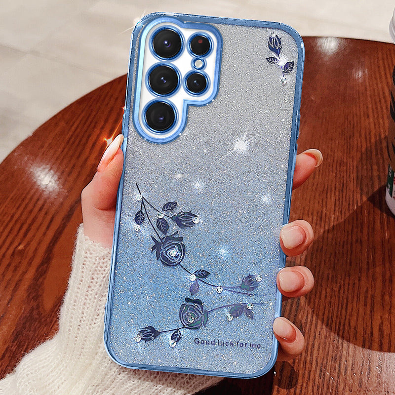 KADEM For Samsung Galaxy S24 Ultra Case Flower Pattern Anti-fall TPU Phone Cover - Blue