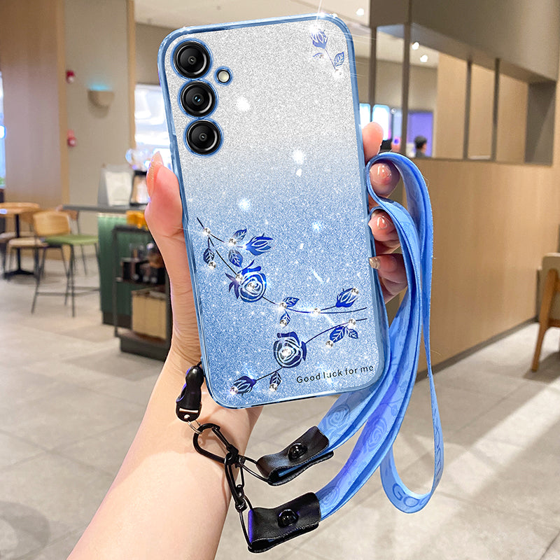 KADEM For Samsung Galaxy S24 Case Mobile Phone Flower Pattern TPU Protective Cover with Strap - Blue