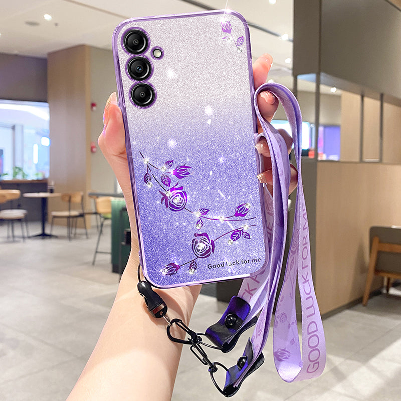 KADEM For Samsung Galaxy S24 Case Mobile Phone Flower Pattern TPU Protective Cover with Strap - Purple