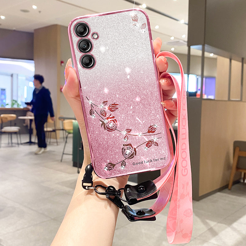 KADEM For Samsung Galaxy S24 Case Mobile Phone Flower Pattern TPU Protective Cover with Strap - Rose Gold