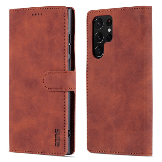 AZNS For Samsung Galaxy S24 Ultra Case Leather Protected Fully Folio Flip Stand Phone Shell - Brown