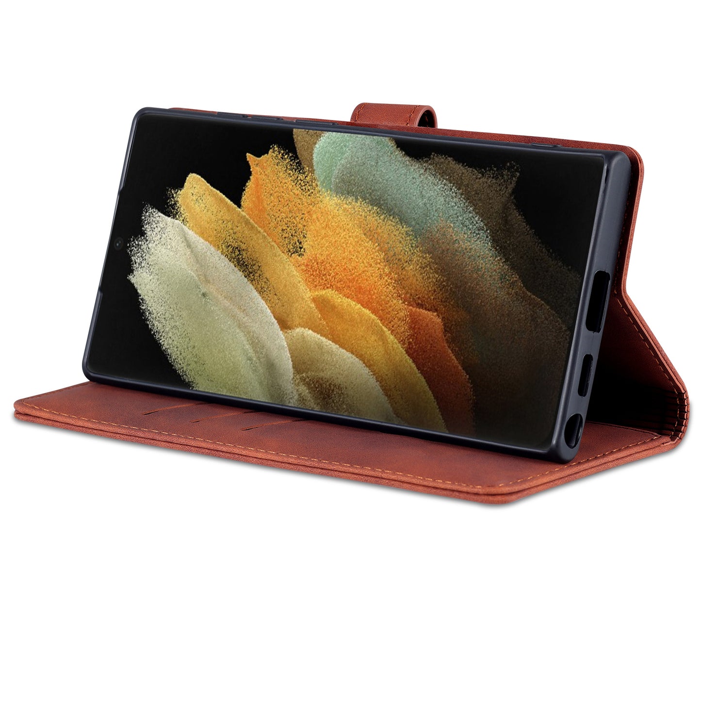 AZNS For Samsung Galaxy S24 Ultra Case Leather Protected Fully Folio Flip Stand Phone Shell - Brown