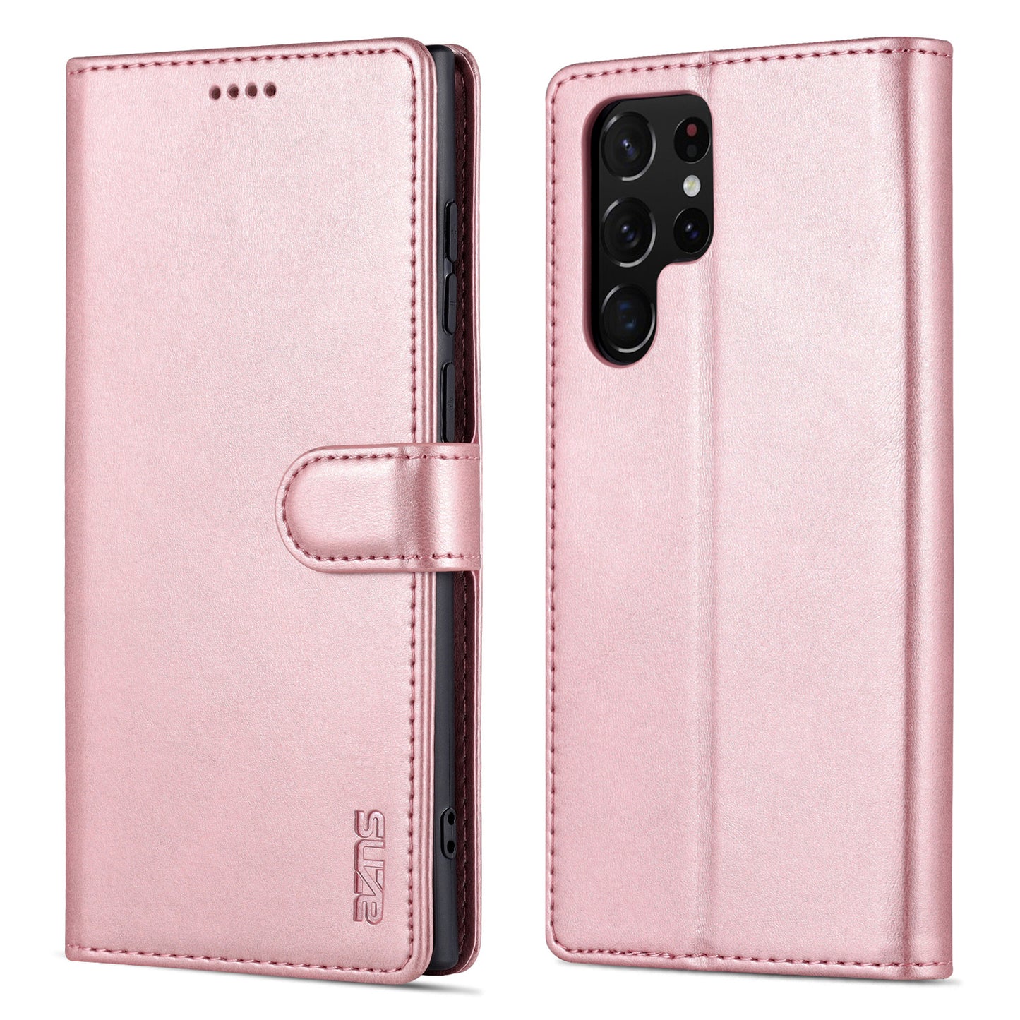 AZNS For Samsung Galaxy S24 Ultra Case Leather Protected Fully Folio Flip Stand Phone Shell - Rose Gold