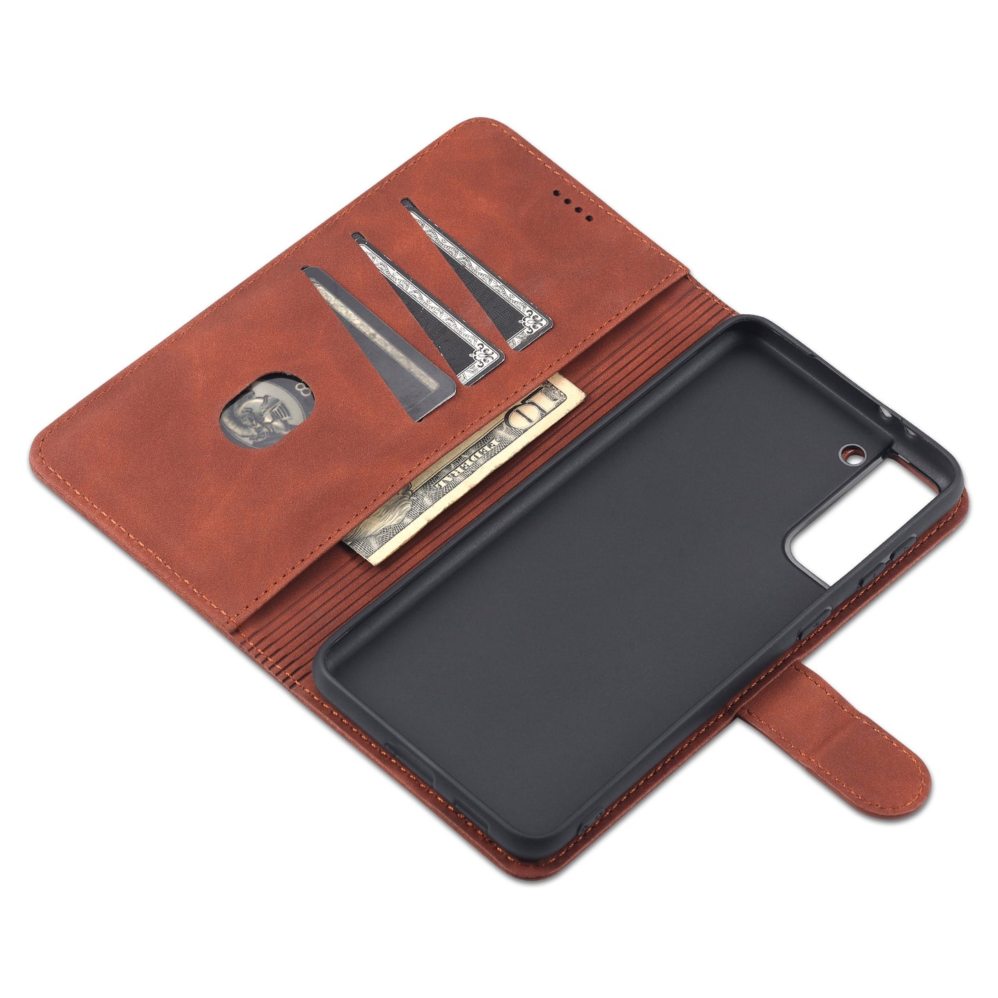 AZNS For Samsung Galaxy S24+ Phone Case Shockproof PU Leather Card Slots Phone Cover - Brown