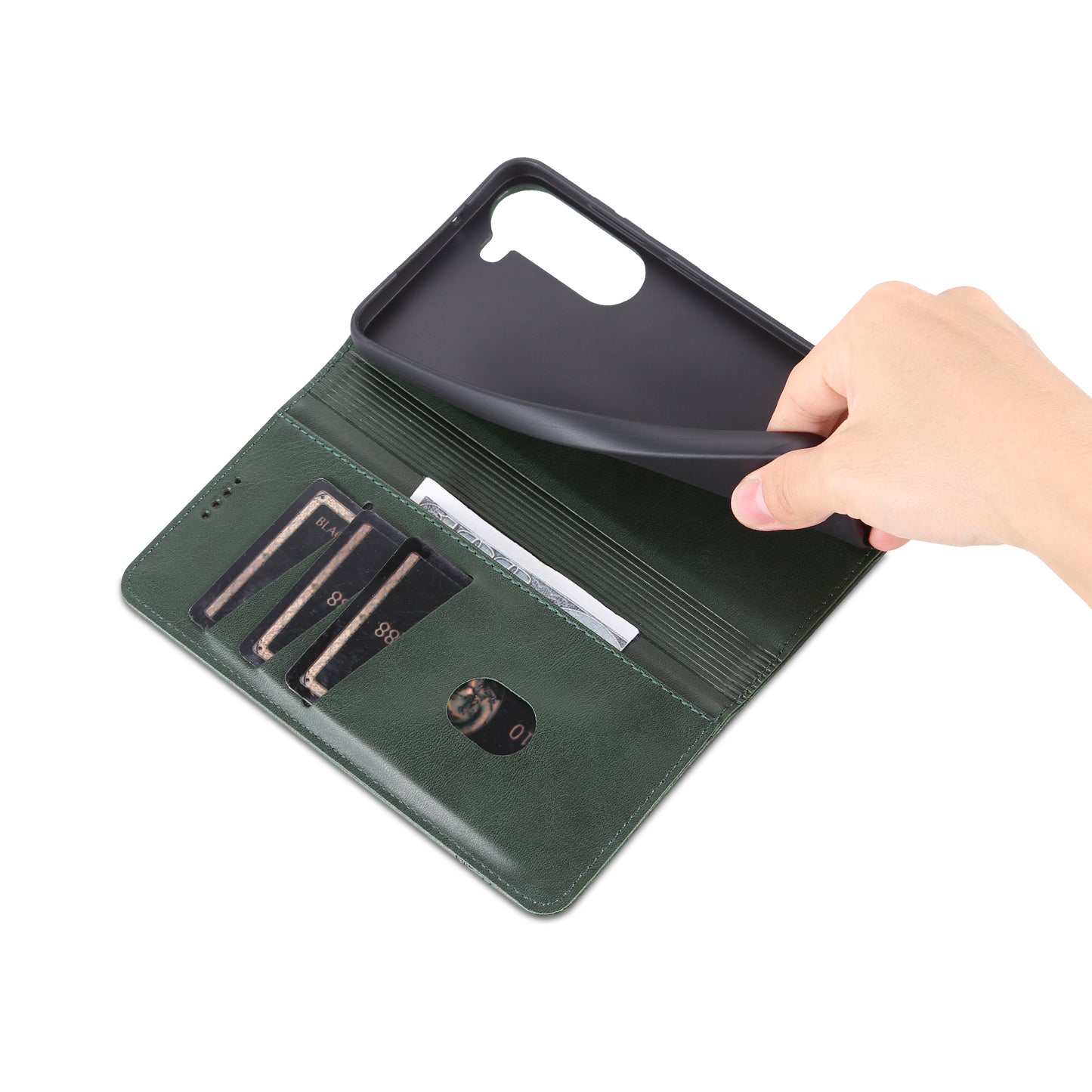 AZNS For Samsung Galaxy S24 Case PU Leather+TPU Magnetic Suction Phone Shell Cover - Dark Green