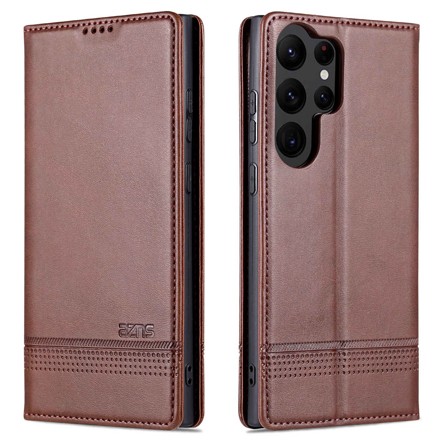 AZNS For Samsung Galaxy S24 Ultra Case Magnetic Suction Leather Phone Cover with Wallet Stand - Coffee