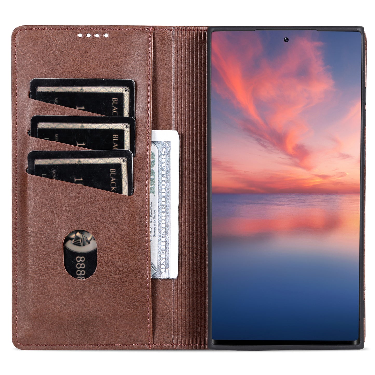 AZNS For Samsung Galaxy S24 Ultra Case Magnetic Suction Leather Phone Cover with Wallet Stand - Coffee