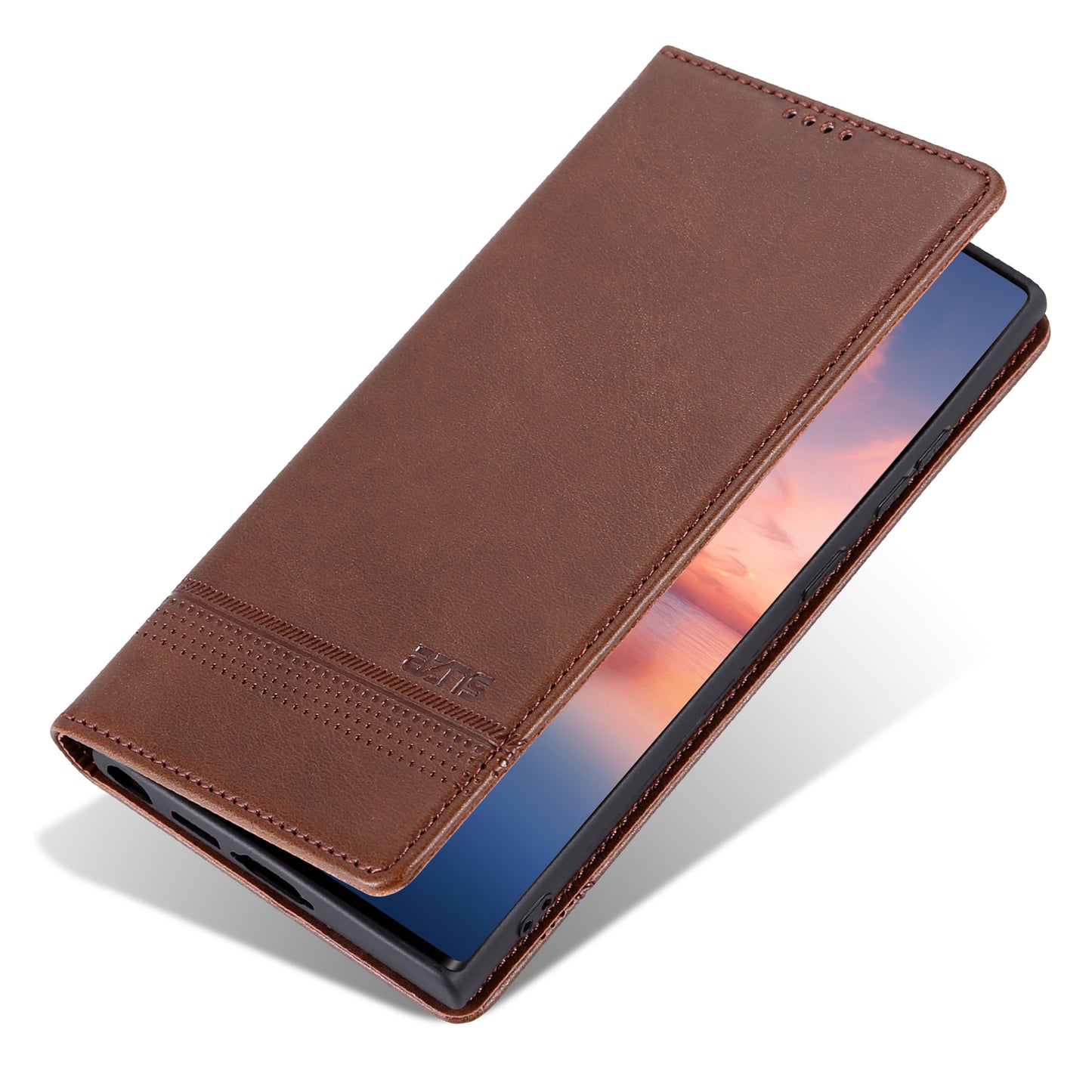 AZNS For Samsung Galaxy S24 Ultra Case Magnetic Suction Leather Phone Cover with Wallet Stand - Coffee