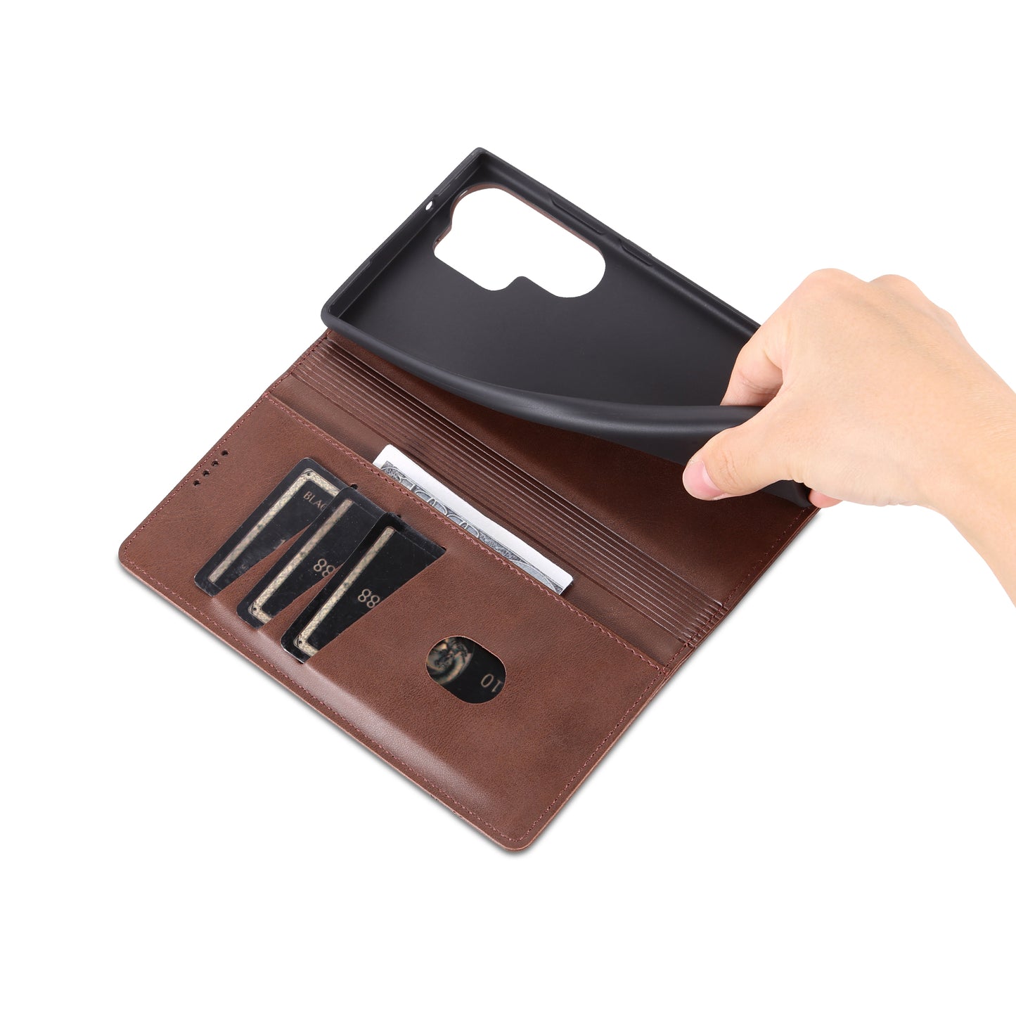 AZNS For Samsung Galaxy S24 Ultra Case Magnetic Suction Leather Phone Cover with Wallet Stand - Coffee