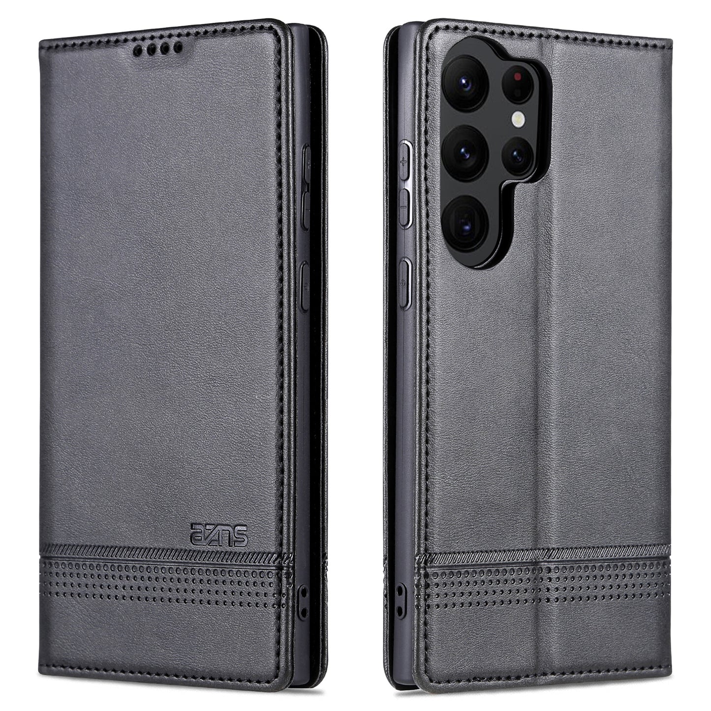 AZNS For Samsung Galaxy S24 Ultra Case Magnetic Suction Leather Phone Cover with Wallet Stand - Black