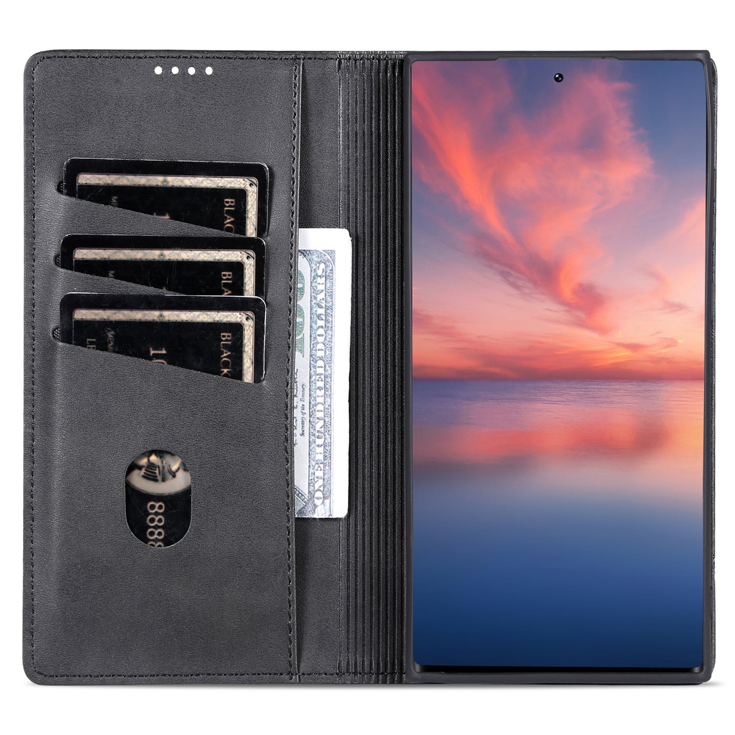 AZNS For Samsung Galaxy S24 Ultra Case Magnetic Suction Leather Phone Cover with Wallet Stand - Black