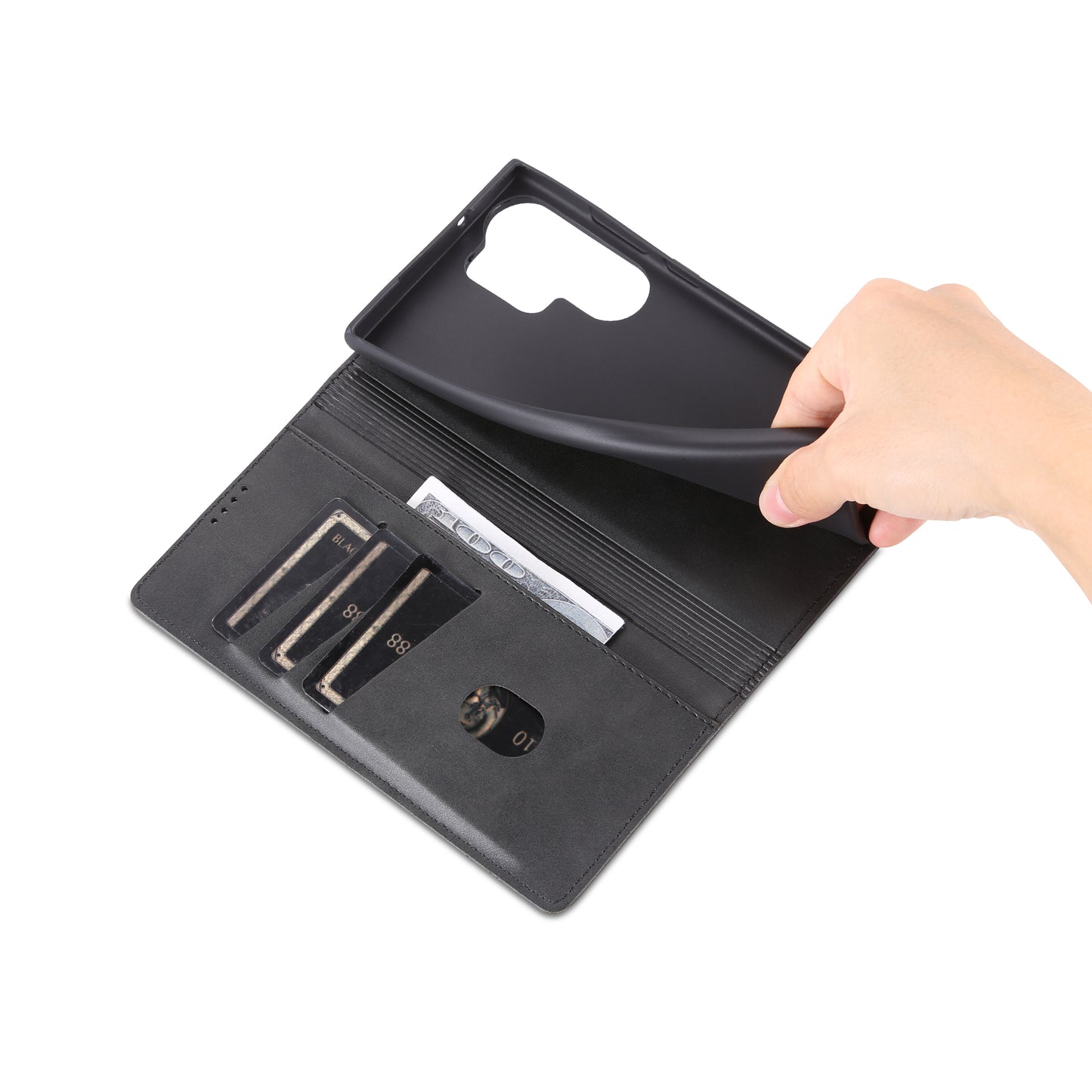 AZNS For Samsung Galaxy S24 Ultra Case Magnetic Suction Leather Phone Cover with Wallet Stand - Black