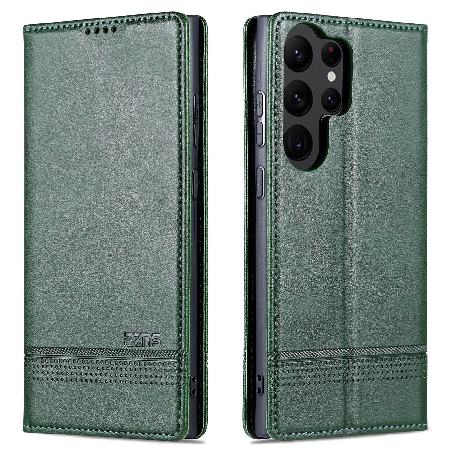 AZNS For Samsung Galaxy S24 Ultra Case Magnetic Suction Leather Phone Cover with Wallet Stand - Dark Green