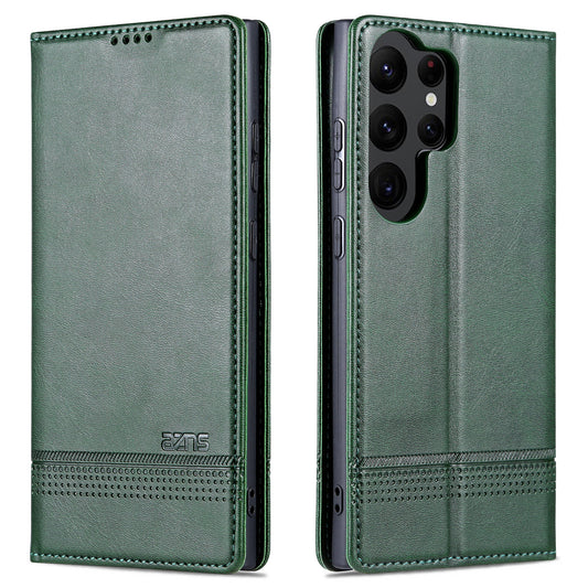 AZNS For Samsung Galaxy S24 Ultra Case Magnetic Suction Leather Phone Cover with Wallet Stand - Dark Green