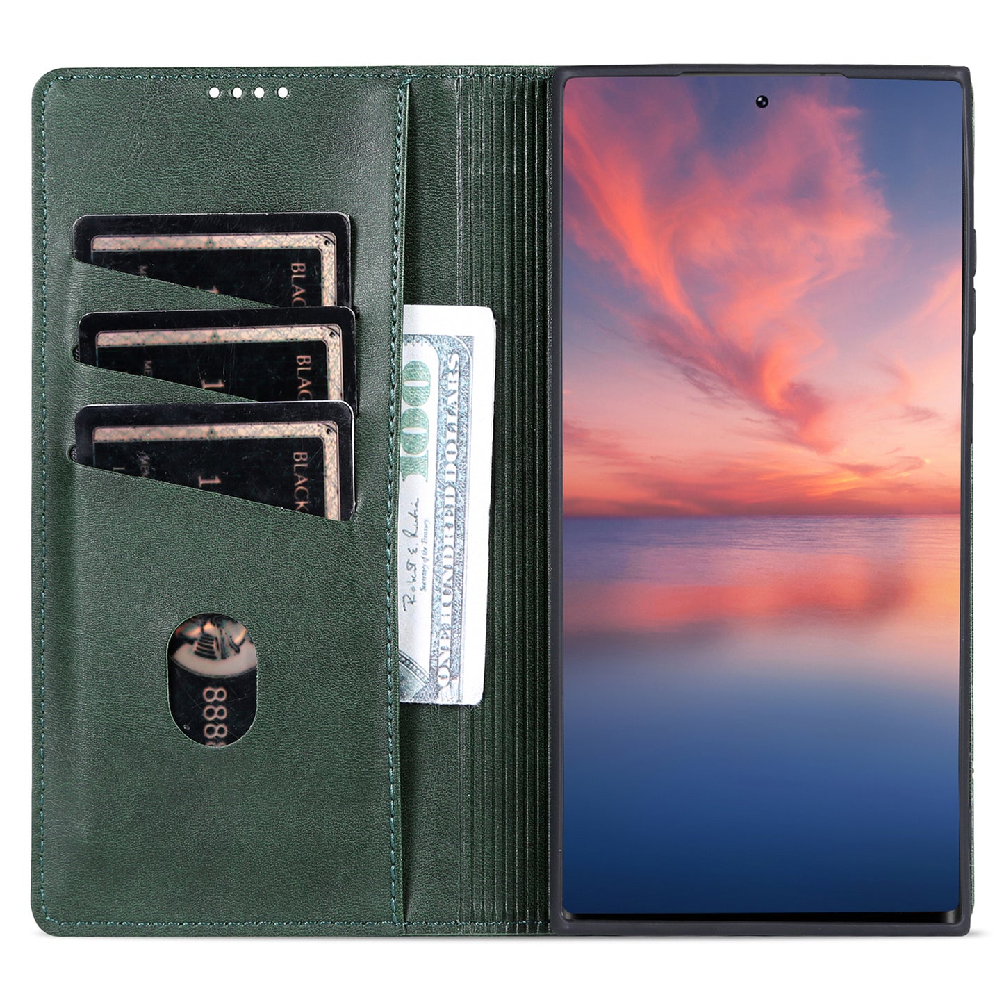 AZNS For Samsung Galaxy S24 Ultra Case Magnetic Suction Leather Phone Cover with Wallet Stand - Dark Green