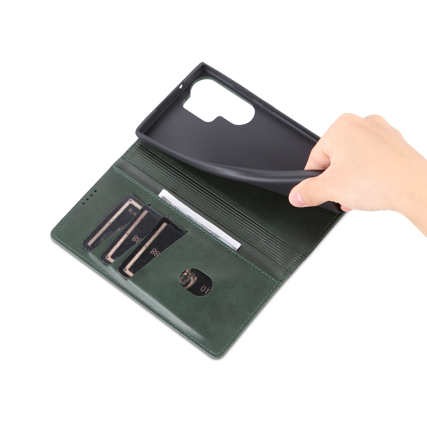 AZNS For Samsung Galaxy S24 Ultra Case Magnetic Suction Leather Phone Cover with Wallet Stand - Dark Green