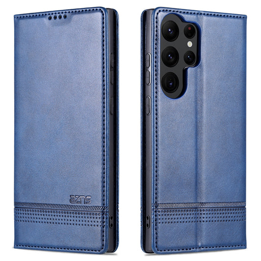 AZNS For Samsung Galaxy S24 Ultra Case Magnetic Suction Leather Phone Cover with Wallet Stand - Dark Blue