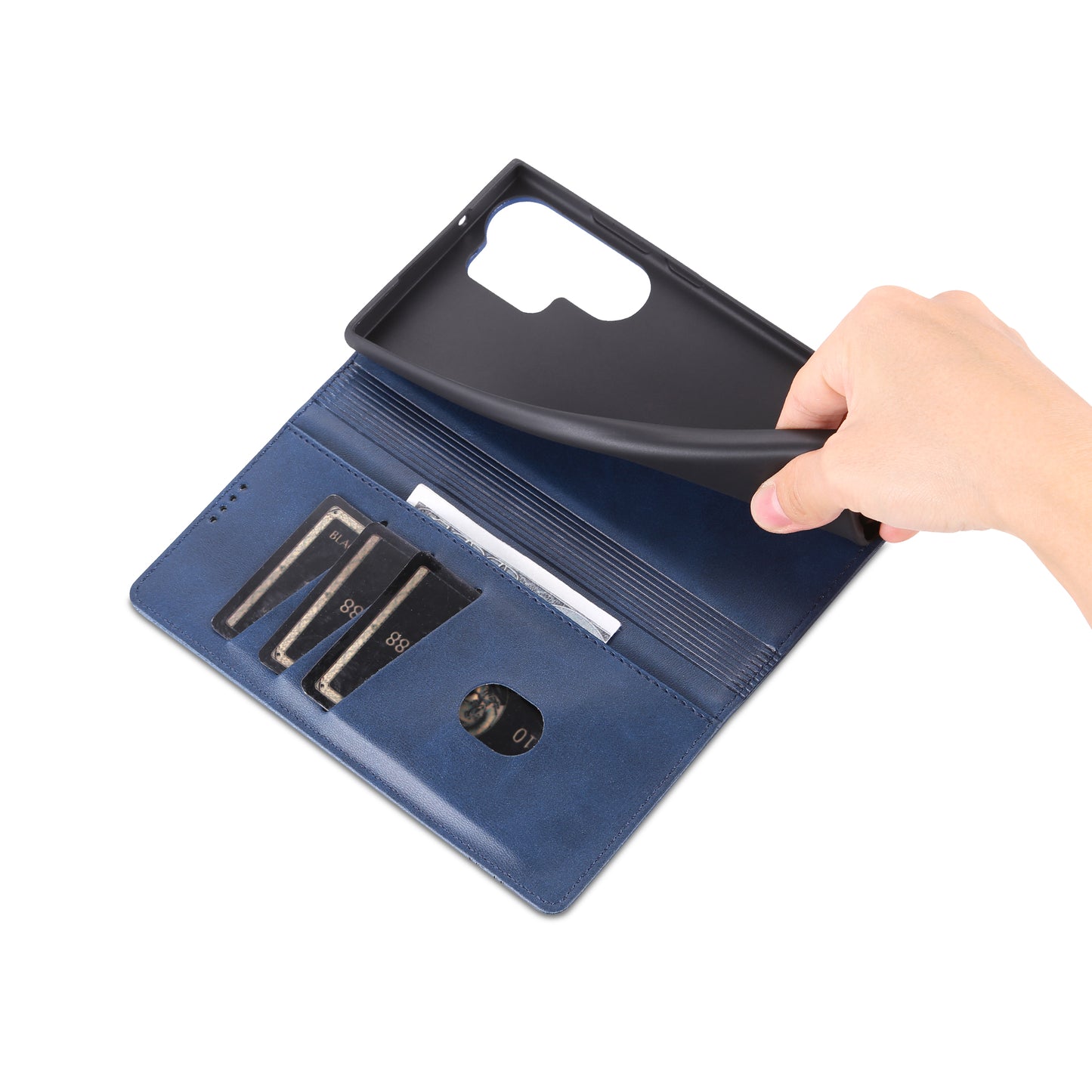 AZNS For Samsung Galaxy S24 Ultra Case Magnetic Suction Leather Phone Cover with Wallet Stand - Dark Blue