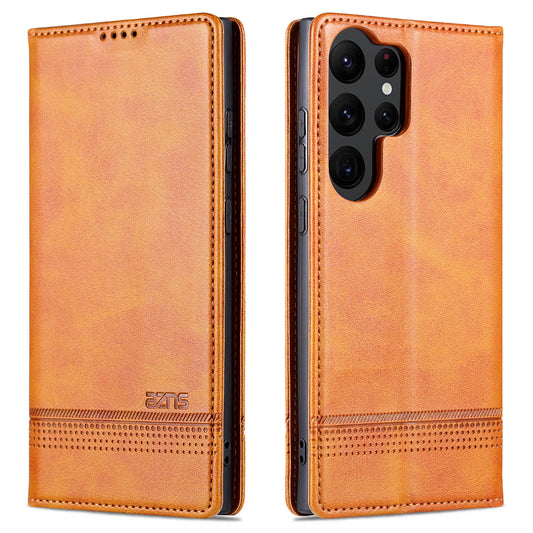 AZNS For Samsung Galaxy S24 Ultra Case Magnetic Suction Leather Phone Cover with Wallet Stand - Brown