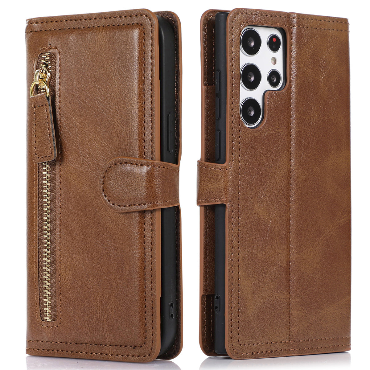 For Samsung Galaxy S24 Ultra Case Zipper Pocket PU Leather Wallet Stand Phone Cover - Brown