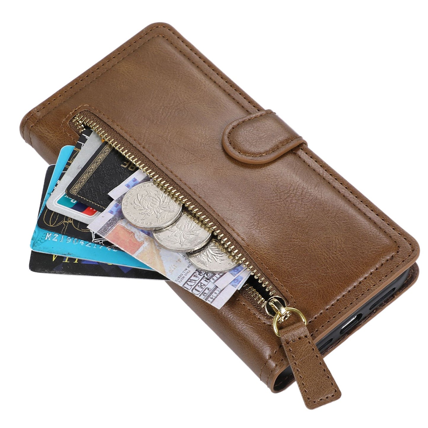 For Samsung Galaxy S24 Ultra Case Zipper Pocket PU Leather Wallet Stand Phone Cover - Brown